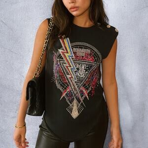 Balmain Paris Embellished Geo Lightning Distressed Hem Muscle Tee EU 34/US 2